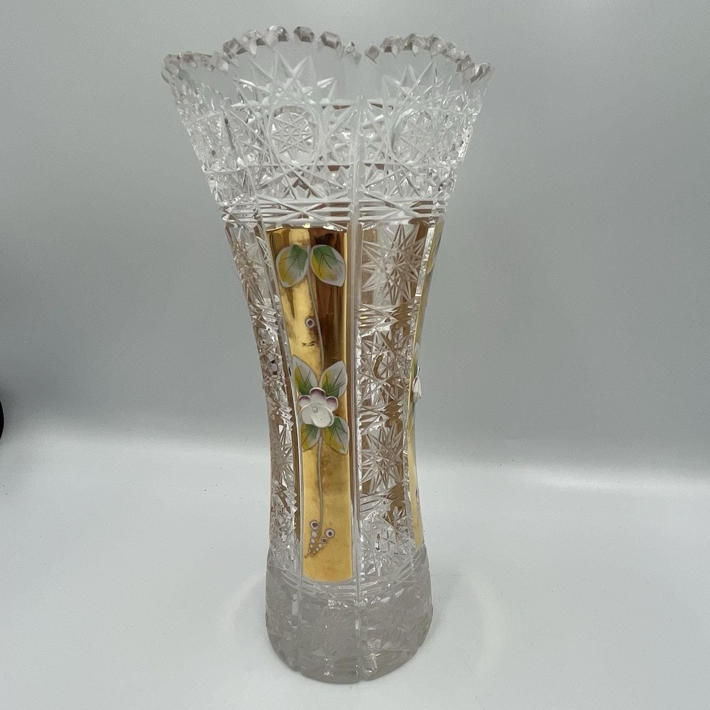Czech Bohemia Crystal Glass Cut Crystal Vase 8" Decorated Gold 24% Floral